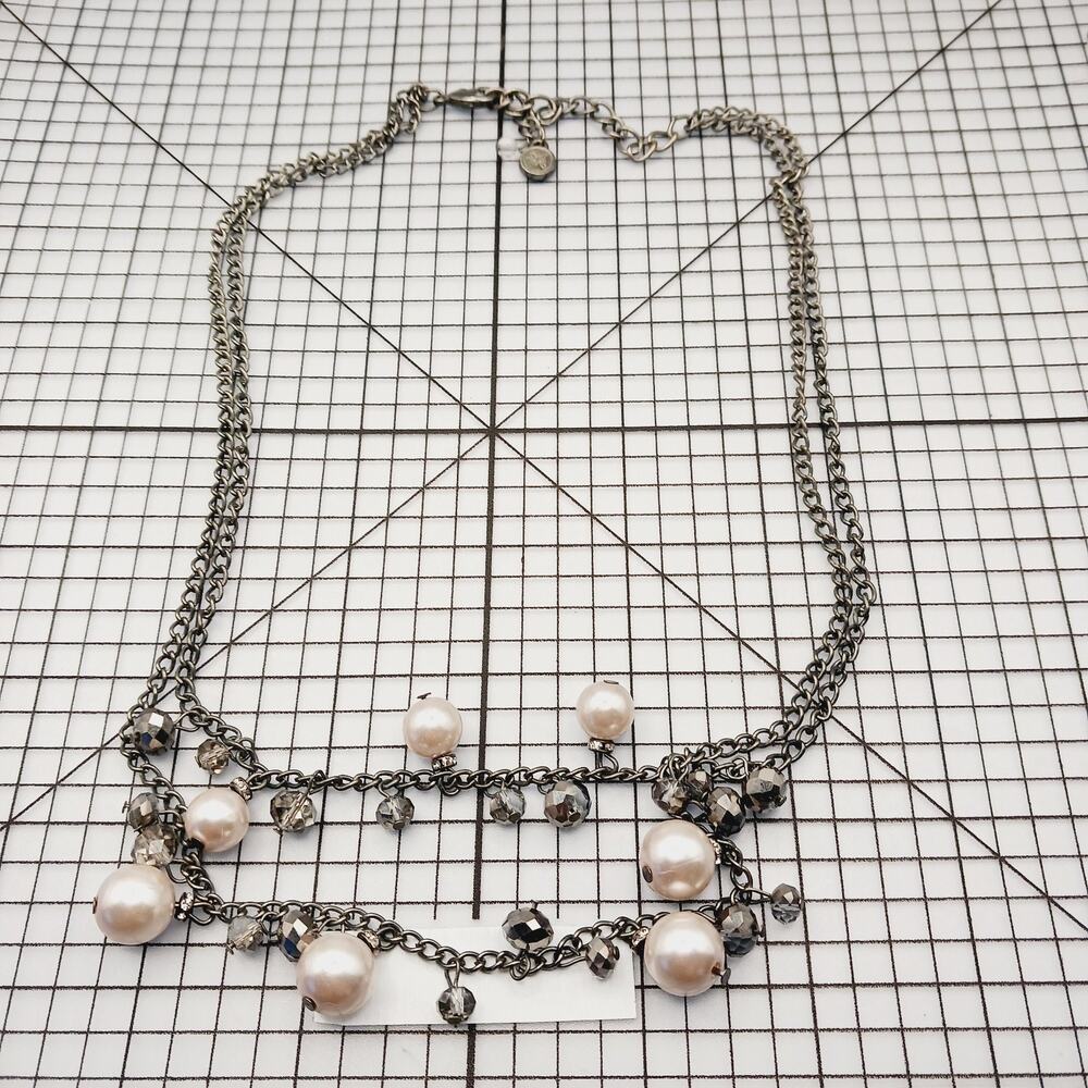 Necklace Chain Statement Faux Pearl Crystal Gunmetal Silver Tone Logo Charm 16"